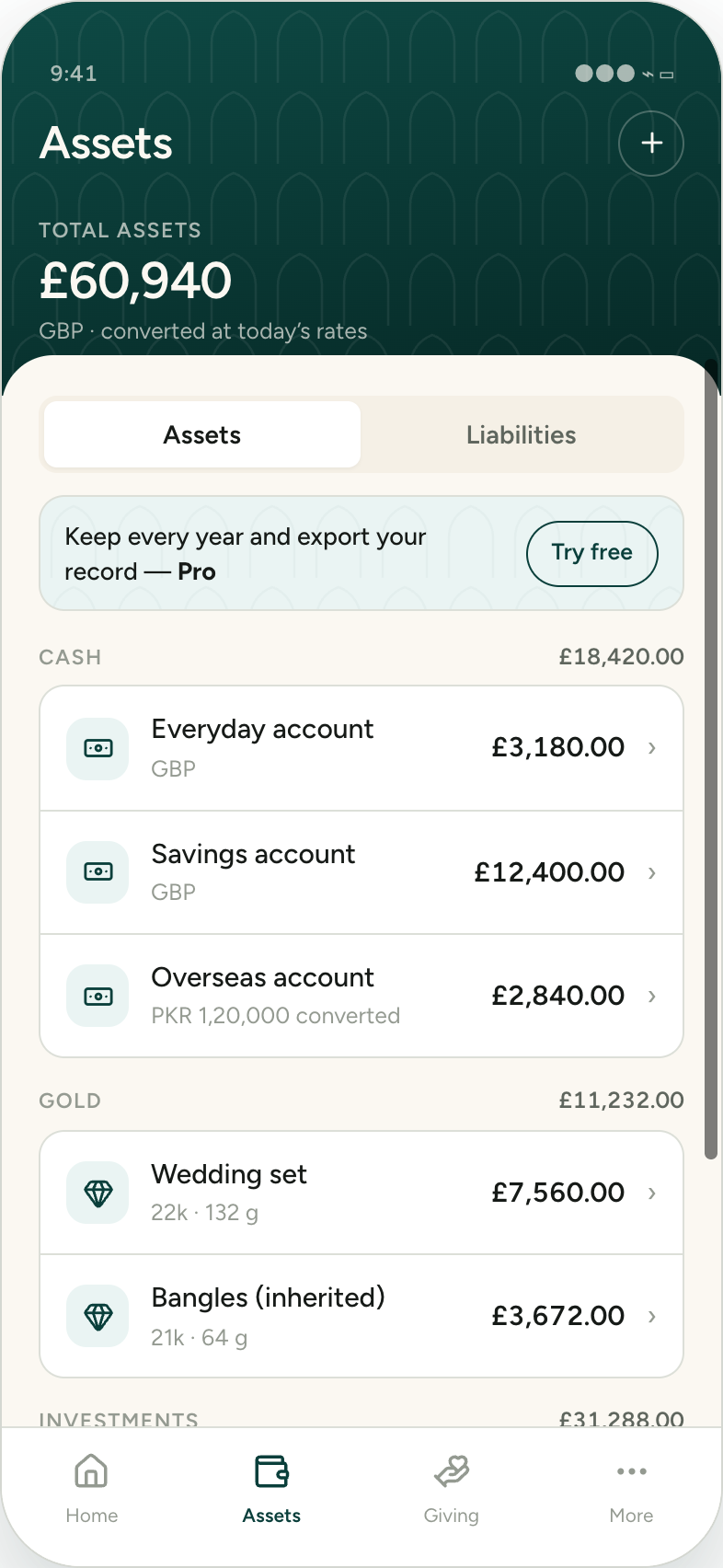Assets screen: £60,940 across cash, gold and investments