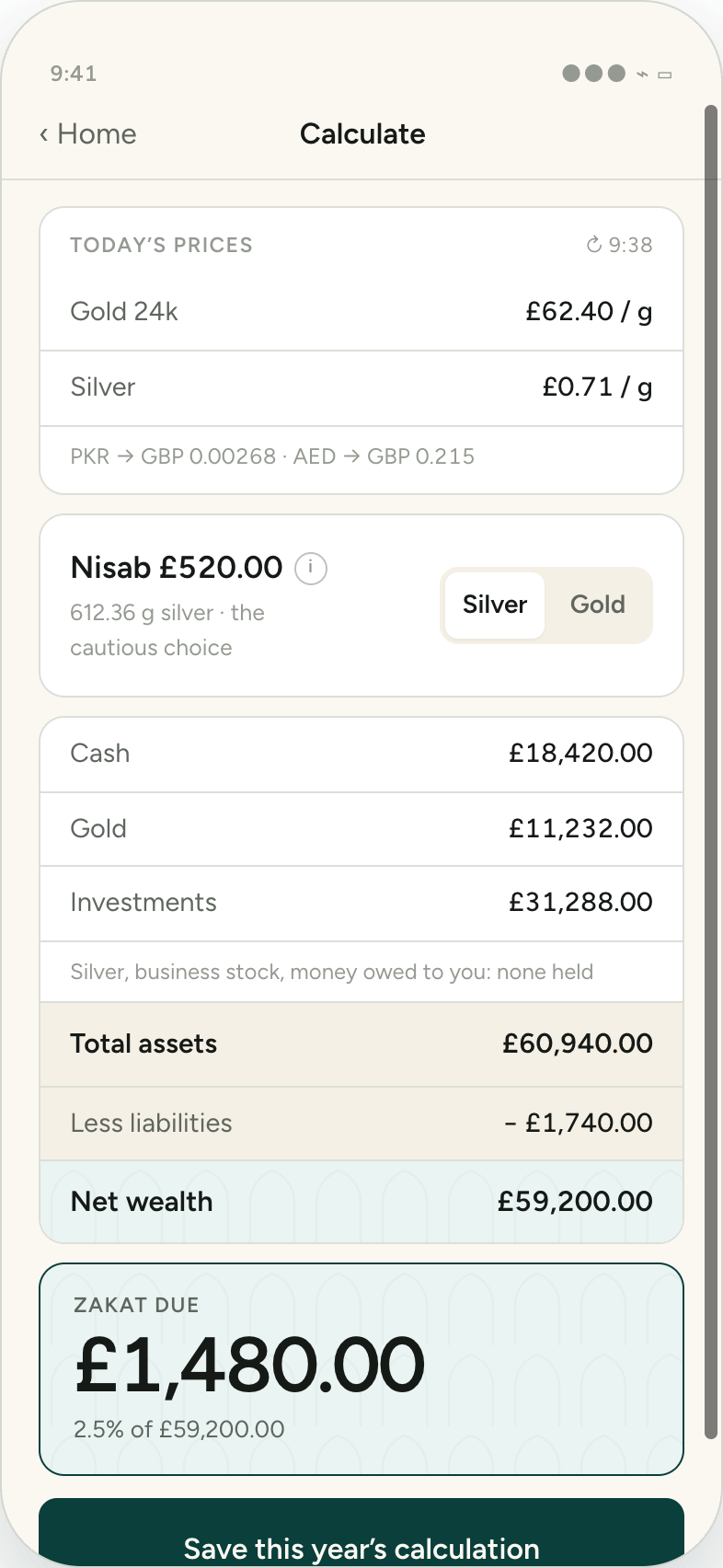 Calculate screen showing live prices, the nisab threshold and £1,480.00 due